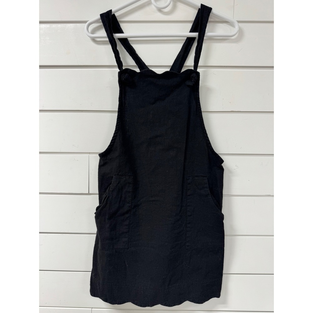 Monteau Los Angeles Black Linen Blend Scallop Pinafore Overall Dress Small
